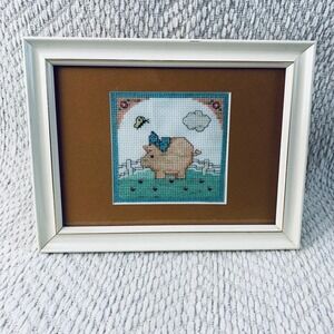 Vtg Completed Butterfly Framed Cross Stitch Art Pig Farmhouse Cottagecore Granny
